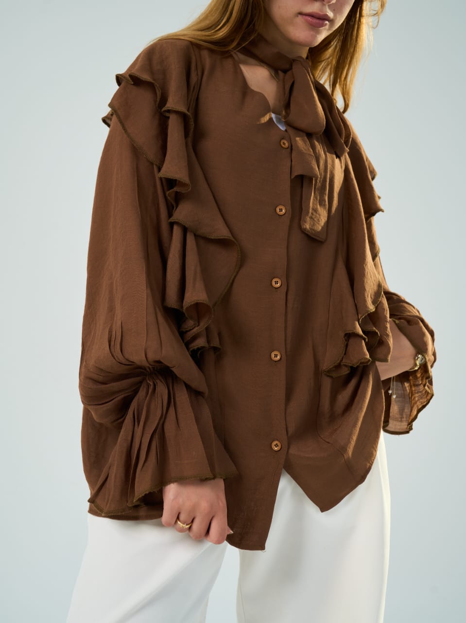 Ruffle Sleeve Brown Blouse
