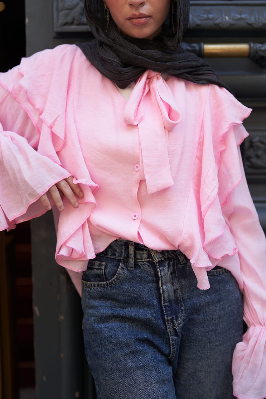 Ruffle Sleeve Pink Blouse