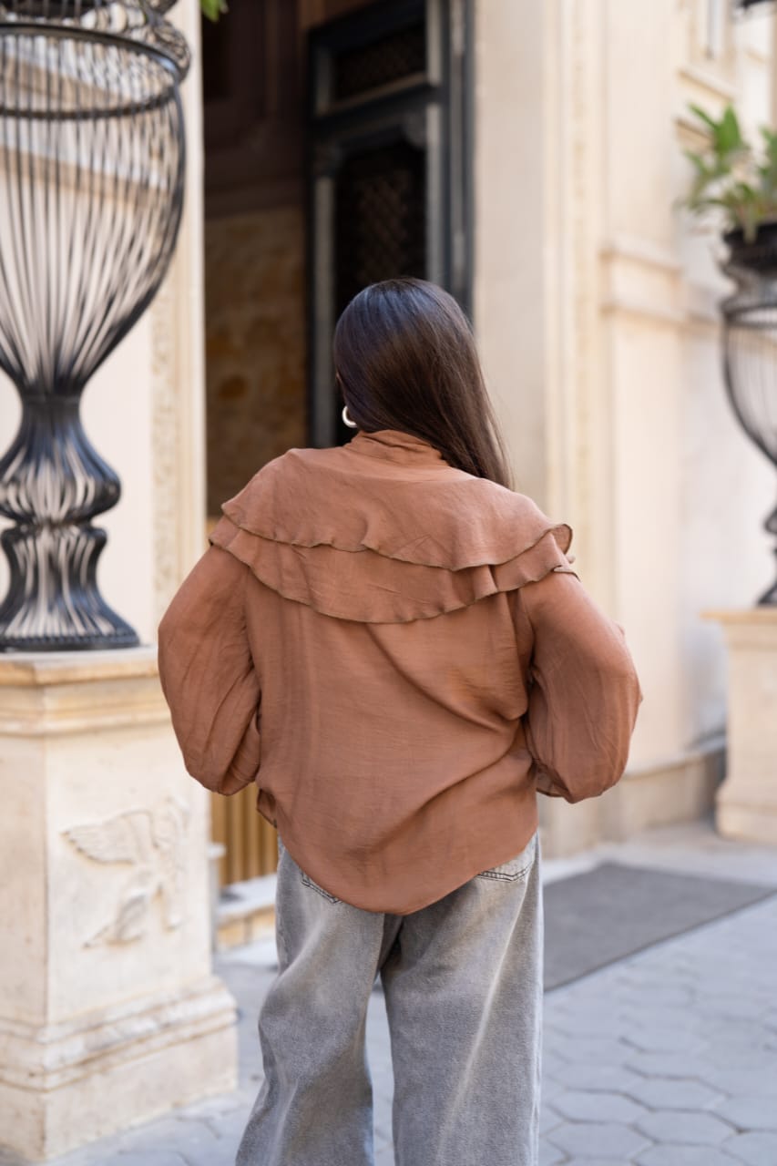 Ruffle Sleeve Brown Blouse