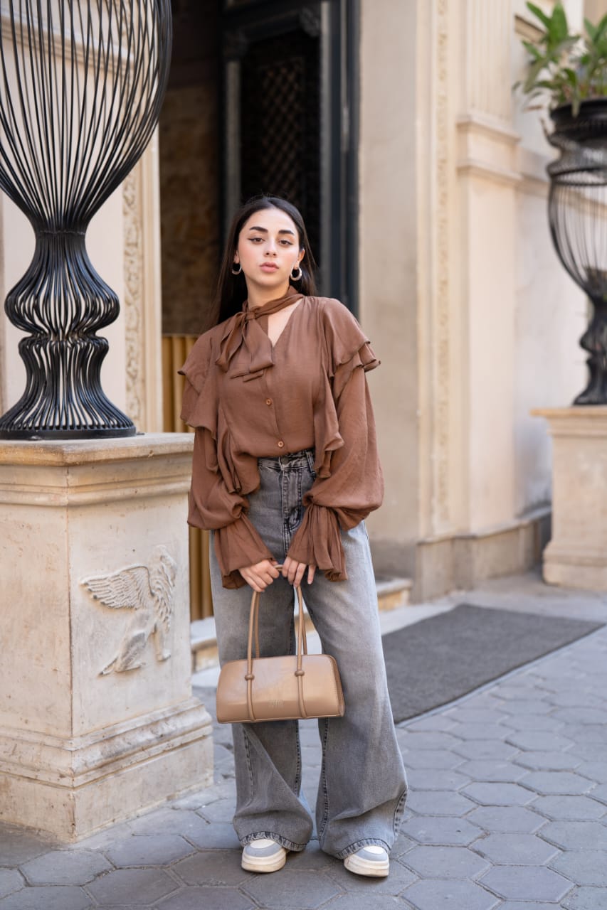 Ruffle Sleeve Brown Blouse