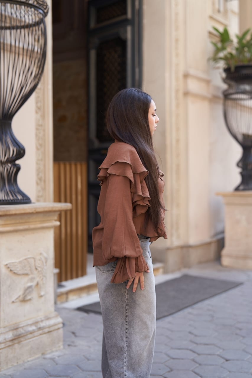 Ruffle Sleeve Brown Blouse