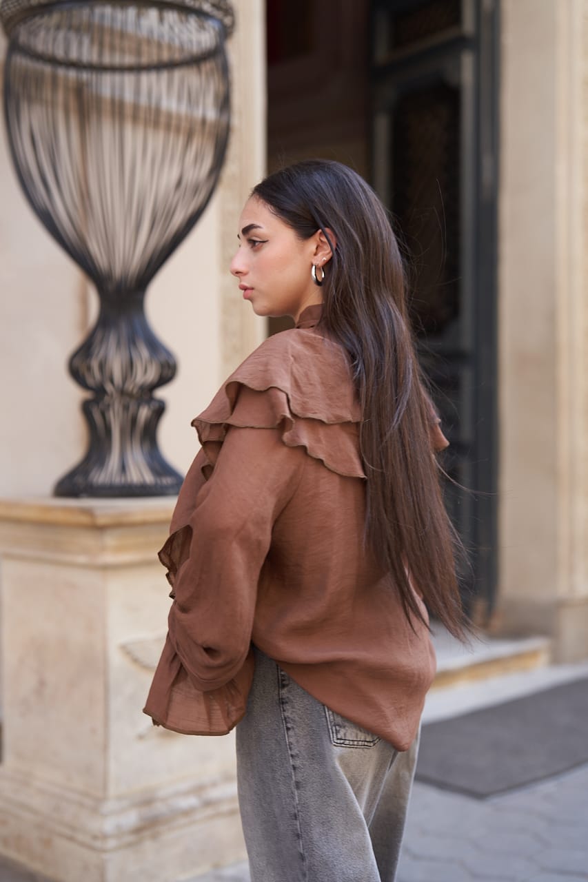 Ruffle Sleeve Brown Blouse