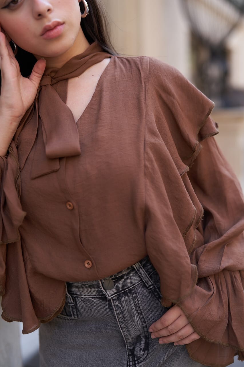 Ruffle Sleeve Brown Blouse