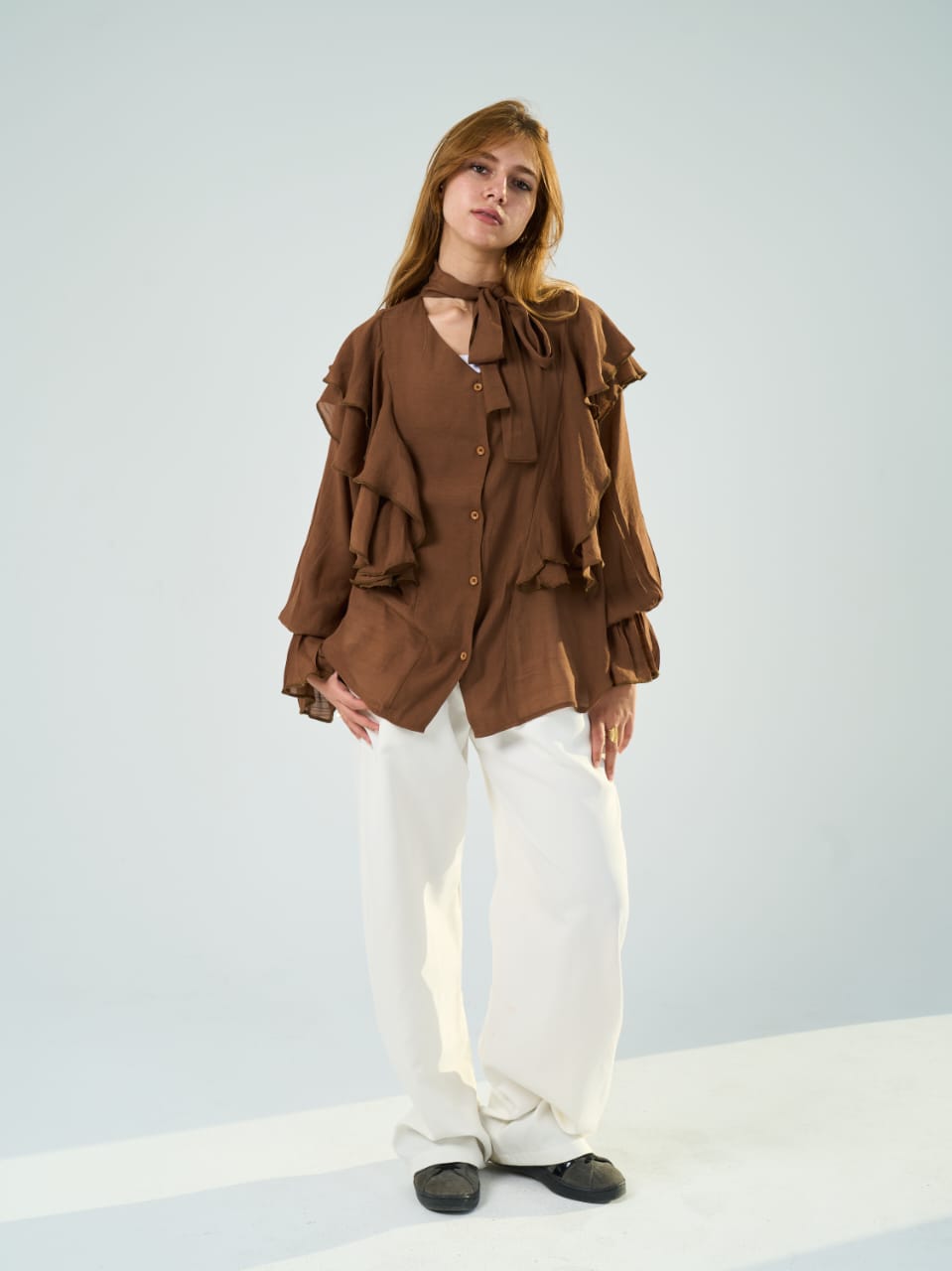 Ruffle Sleeve Brown Blouse