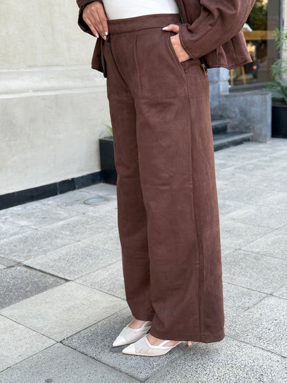 Chocolate Suede STRUCTURED WIDE LEG TROUSERS