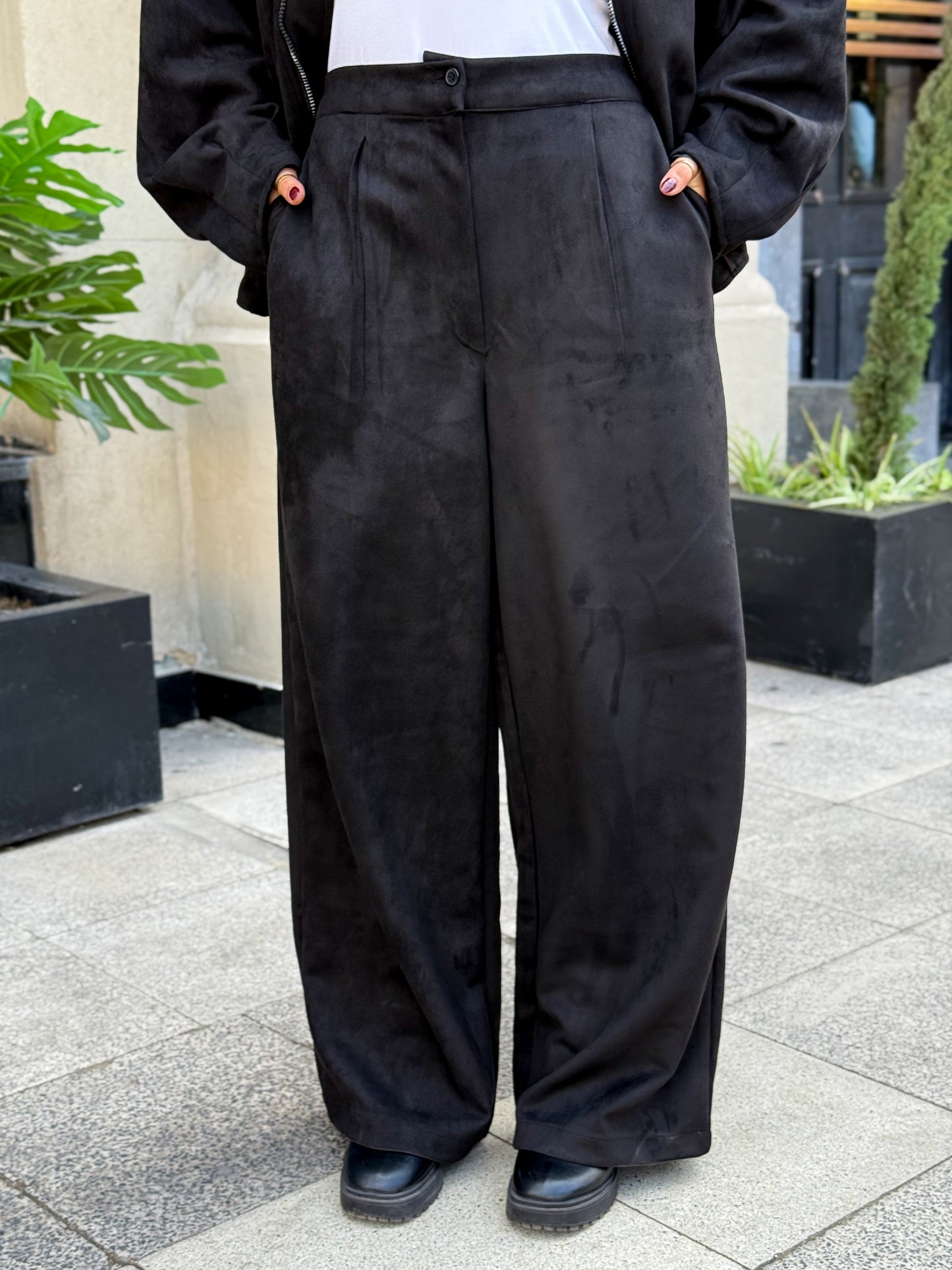 Black Suede STRUCTURED WIDE LEG TROUSERS