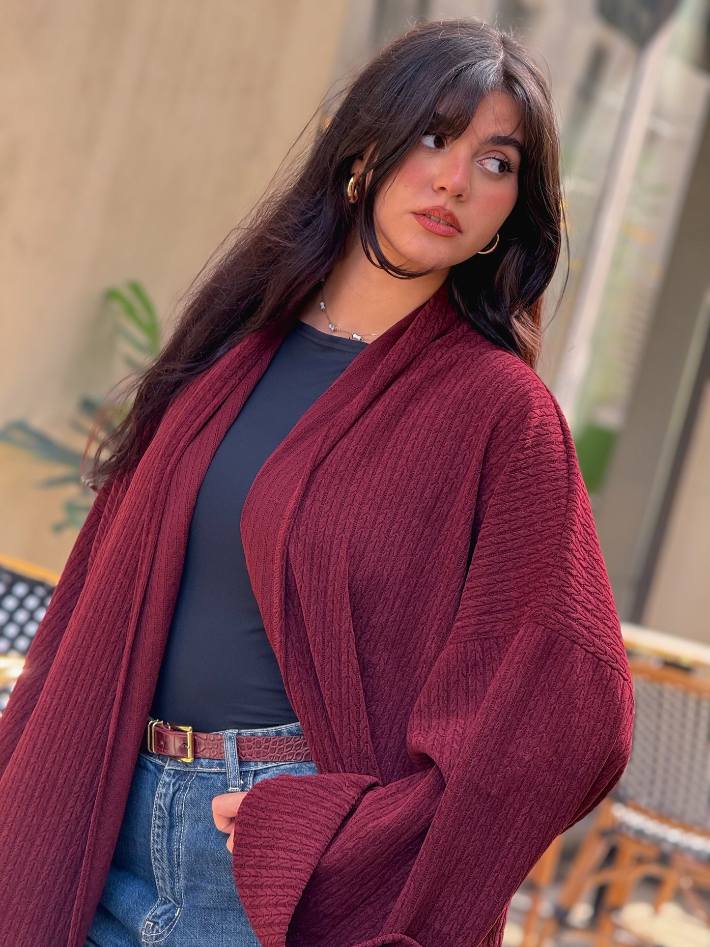Wool Knitted Cardigan in Burgundy