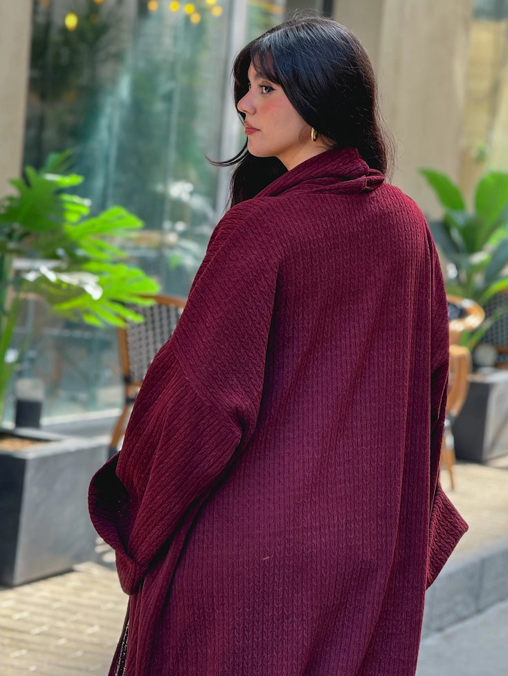 Wool Knitted Cardigan in Burgundy