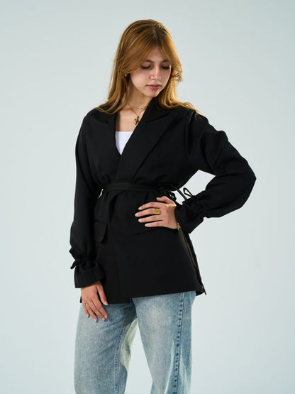 Black Tie-Waist Blazer