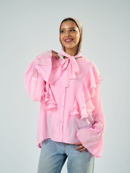 Ruffle Sleeve Pink Blouse