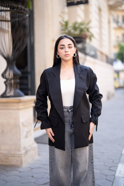 Black Tie-Waist Blazer