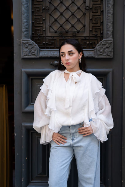 Ruffle Sleeve White Blouse