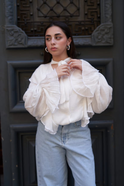 Ruffle Sleeve White Blouse