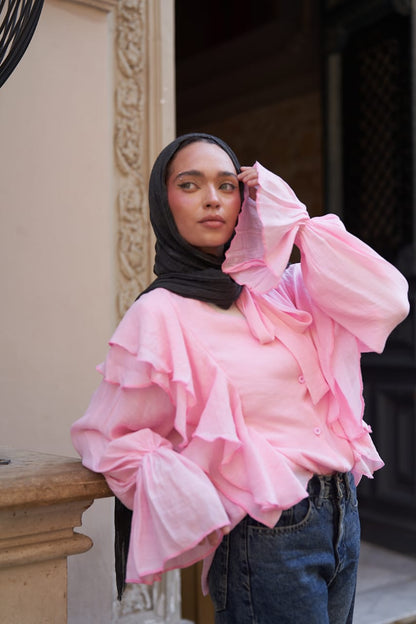 Ruffle Sleeve Pink Blouse