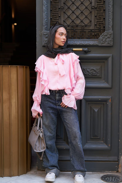 Ruffle Sleeve Pink Blouse