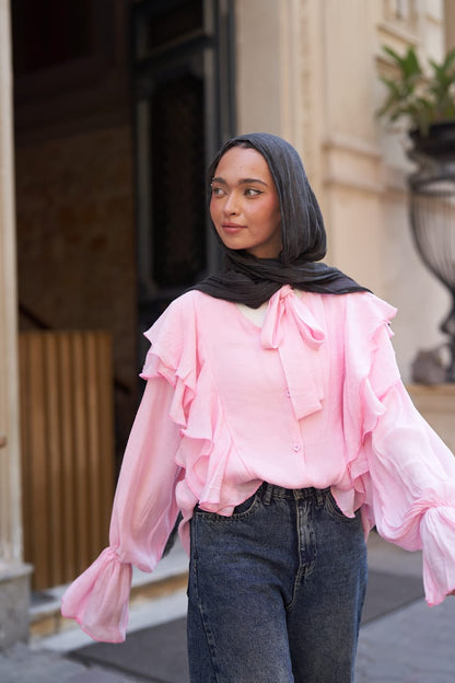 Ruffle Sleeve Pink Blouse