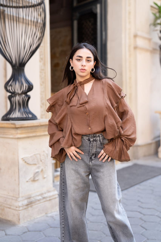 Ruffle Sleeve Brown  Blouse