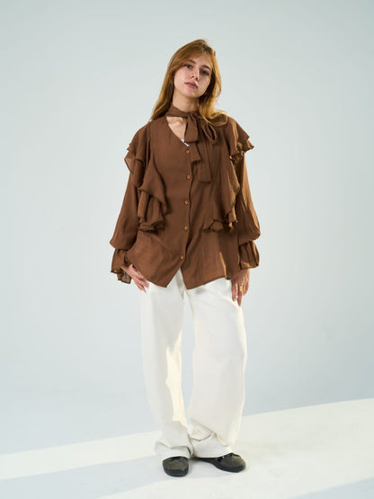 Ruffle Sleeve Brown  Blouse